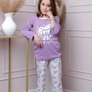 Pijama fetite Ellie din bumbac mov cu imprimeu cu pisicute