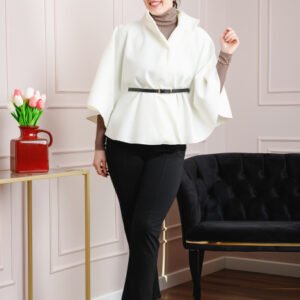 Poncho alb elegant cu curea in talie