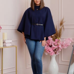 Poncho bleumarin elegant cu curea in talie