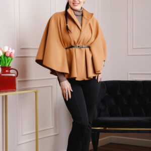 Poncho camel elegant cu curea in talie
