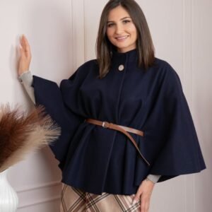 Poncho dama bleumarin cu lana si curea in talie Kara