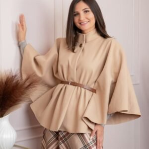 Poncho dama crem cu lana si curea in talie Kara