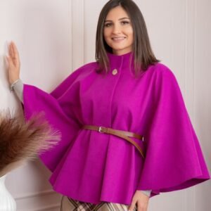 Poncho dama fuchsia cu lana si curea in talie Kara