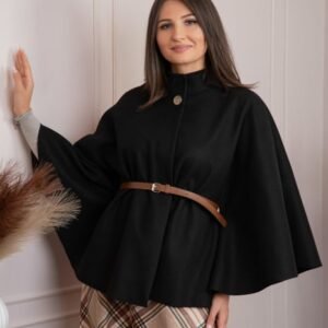 Poncho dama negru cu lana si curea in talie Kara