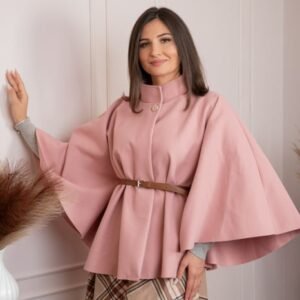 Poncho dama roz pudrat cu lana si curea in talie Kara