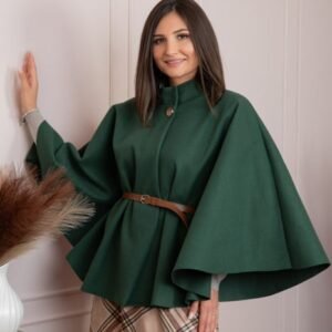 Poncho dama verde cu lana si curea in talie Kara