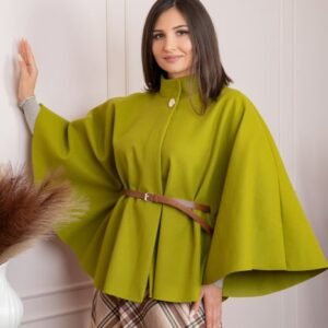 Poncho dama verde praz cu lana si curea in talie Kara