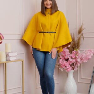 Poncho galben mustar elegant cu curea in talie