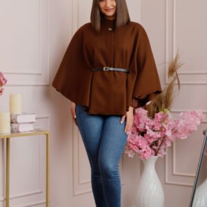 Poncho maro elegant cu curea in talie