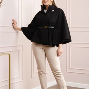 Poncho negru elegant cu curea in talie