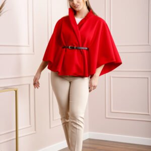 Poncho rosu elegant cu curea in talie