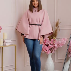 Poncho roz pudrat elegant cu curea in talie