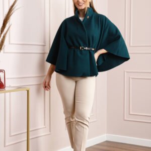 Poncho turcoaz elegant cu curea in talie