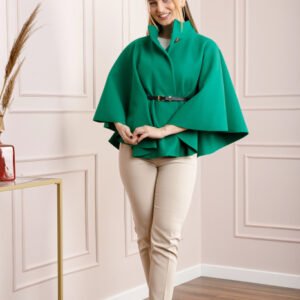 Poncho verde elegant cu curea in talie