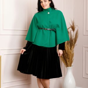 Poncho verde elegant cu curea in talie si detaliu texturat