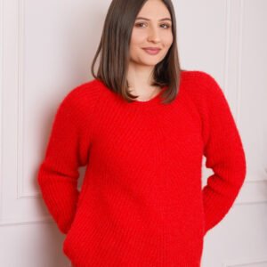 Pulover Bella pufos rosu cu maneci raglan