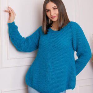 Pulover Bella pufos turcoaz inchis cu maneci raglan
