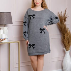 Pulover Bonnie gri tip rochie cu fundite
