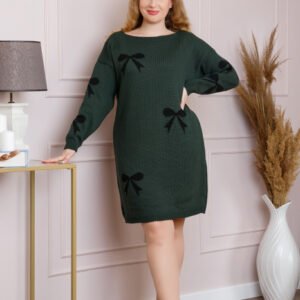 Pulover Bonnie verde tip rochie cu fundite