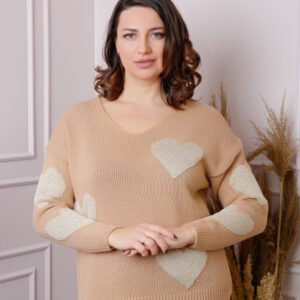 Pulover Carina crem cu inimioare si decolteu in V