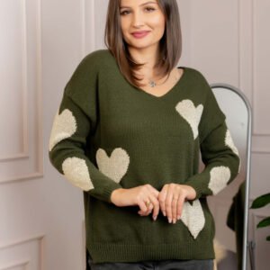 Pulover Carina kaki cu inimioare si decolteu in V