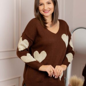 Pulover Carina maro cu inimioare si decolteu in V