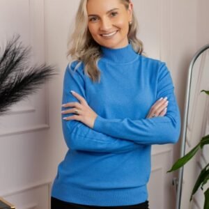 Pulover Ellen din tricot subtire cu guler inalt - Albastru
