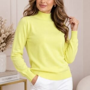 Pulover Ellen din tricot subtire cu guler inalt - Galben lime