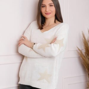 Pulover Stella ecru  cu stelute si decolteu in V