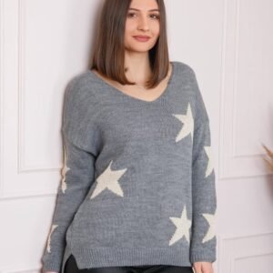 Pulover Stella gri cu stelute si decolteu in V