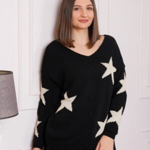 Pulover Stella negru cu stelute si decolteu in V