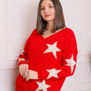 Pulover Stella rosu cu stelute si decolteu in V