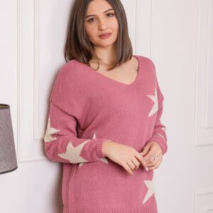 Pulover Stella roz cu stelute si decolteu in V