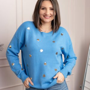 Pulover albastru Riley cu inimioare din paiete aurii