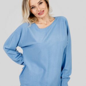 Pulover bleu cu fir stralucitor si crepeu lateral
