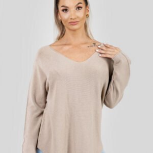 Pulover casual bej cu maneci liliac