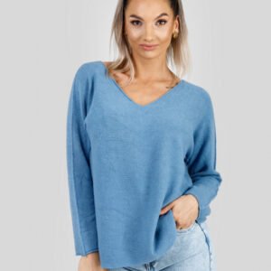 Pulover casual bleu cu maneci liliac