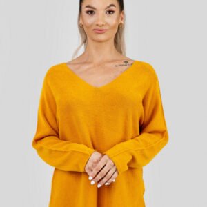 Pulover casual galben mustar cu maneci liliac