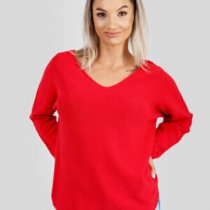 Pulover casual rosu cu maneci liliac