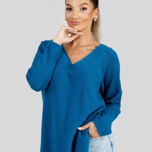 Pulover casual turcoaz inchis cu maneci liliac