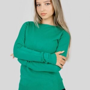 Pulover clasic verde cu decolteu barcuta
