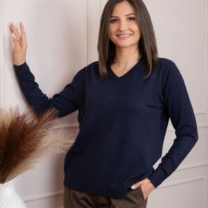 Pulover dama bleumarin cu casmir si decolteu in V Doreen