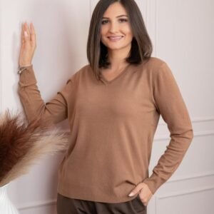Pulover dama camel cu casmir si decolteu in V Doreen