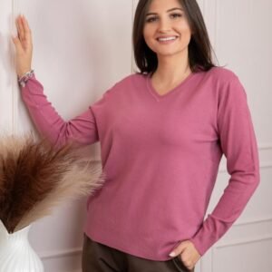 Pulover dama roz cu casmir si decolteu in V Doreen