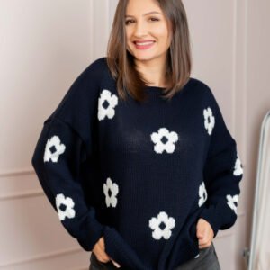 Pulover lejer April din tricot cu floricele - Bleumarin