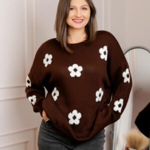 Pulover lejer April din tricot cu floricele - Maro