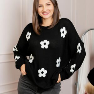 Pulover lejer April din tricot cu floricele - Negru