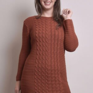 Pulover lung caramiziu cu model impletit