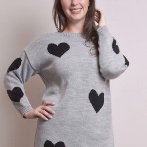 Pulover lung gri cu inimioare negre