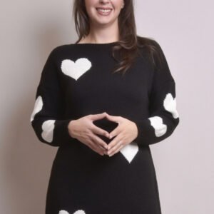 Pulover lung negru cu inimioare albe